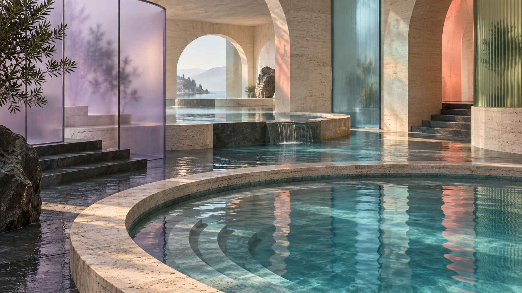 A modern architectural hall of curved stone pools, glass panels, and reflected color