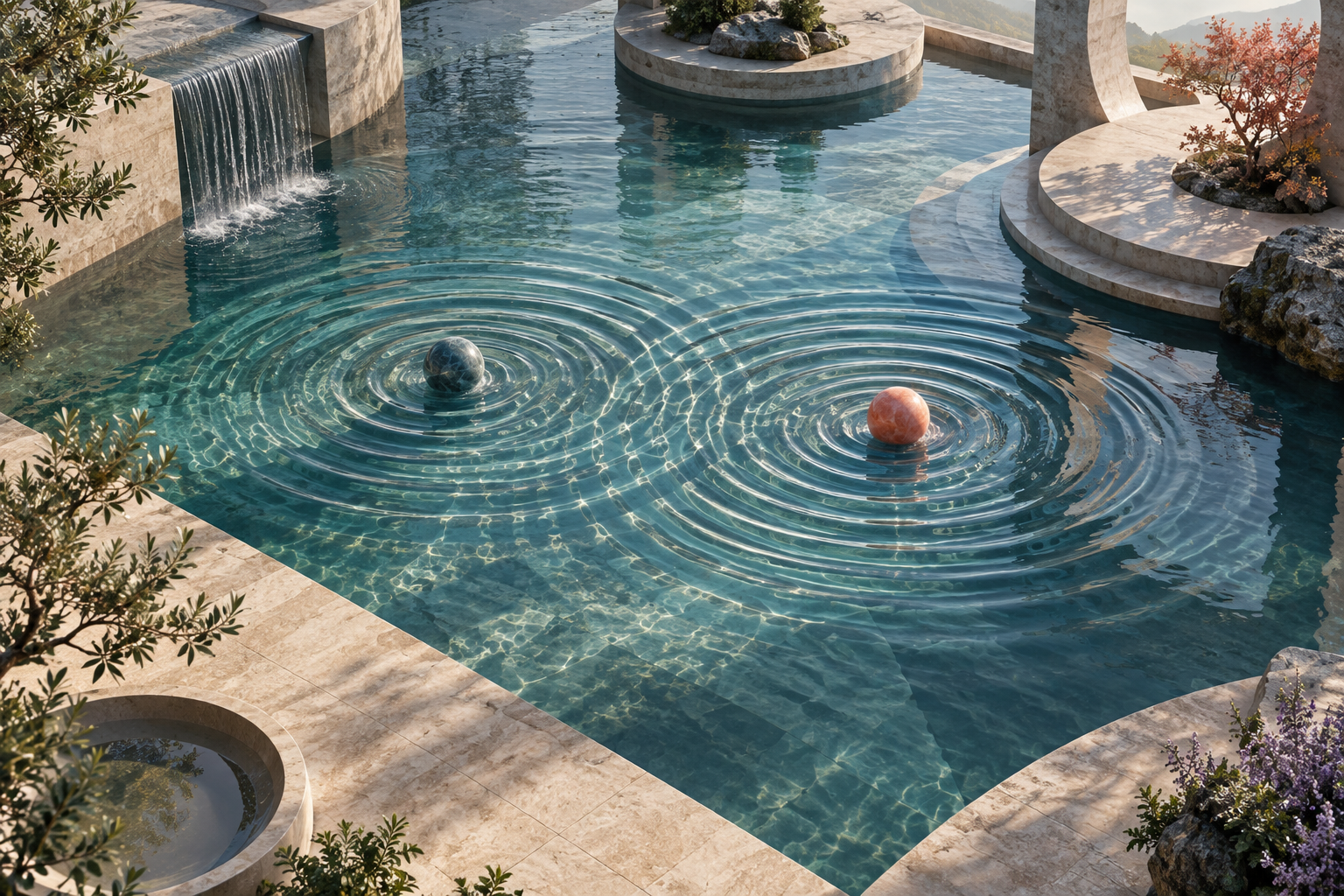 Two circular ripples meeting across a clear architectural pool