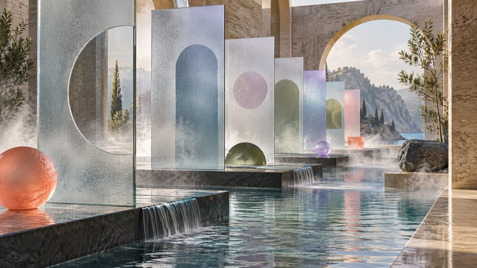 Frosted glass panels and colored forms in a water-filled architectural space