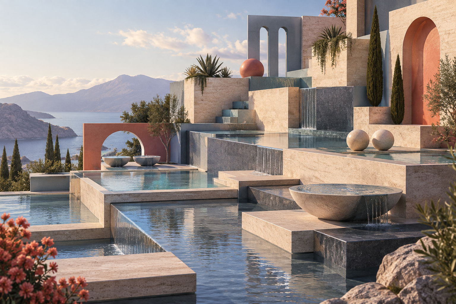 Stepped stone terraces with shallow reflective pools and paired forms
